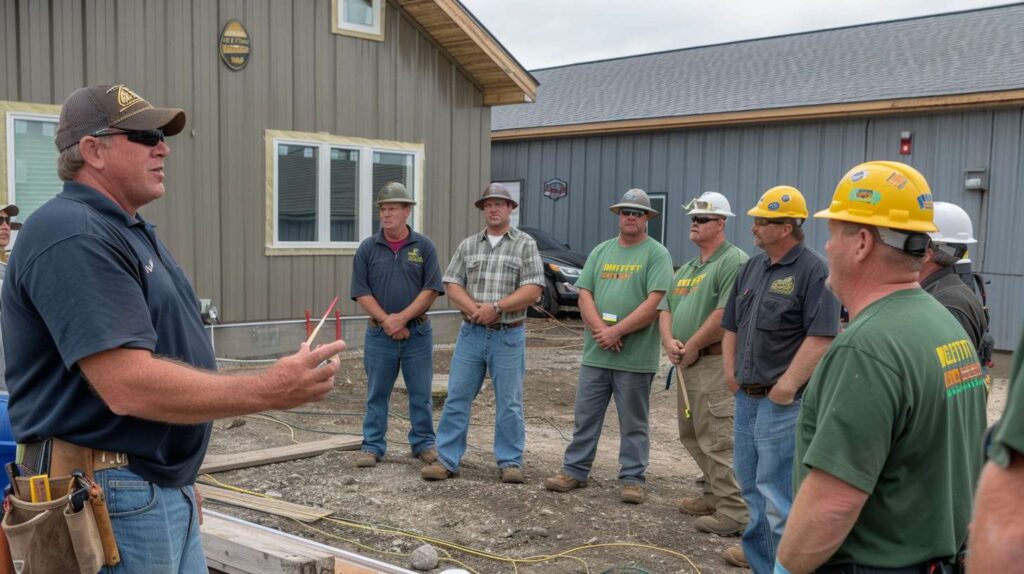 Expert roofing team installing corrugated metal roofing system on commercial building